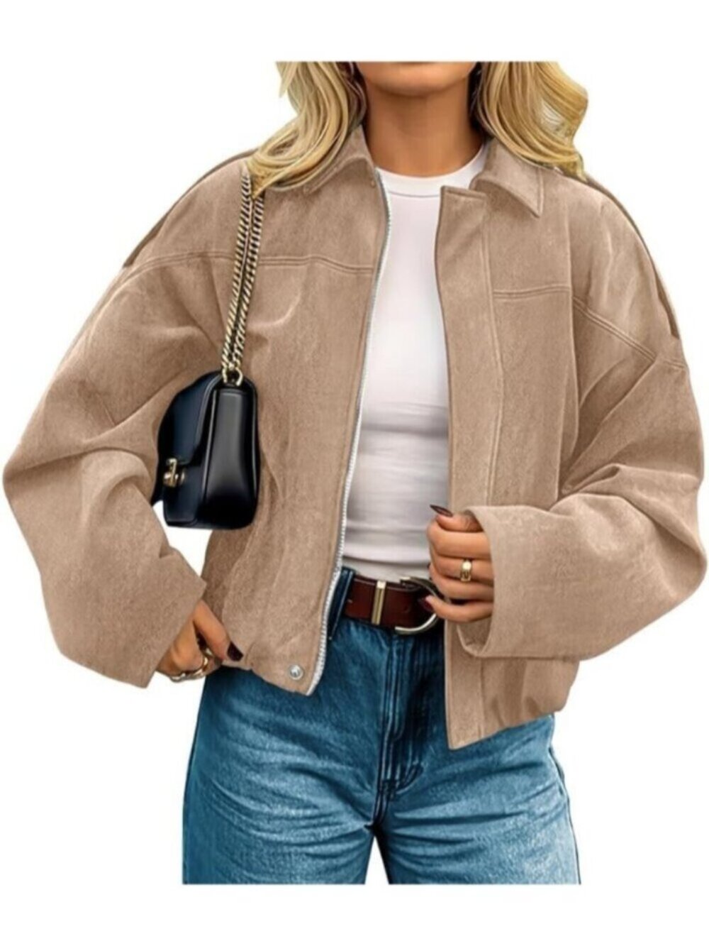 Womens Tan Faux Suede Oversized Cropped Open Front Zipper Trendy Bomber Jacket